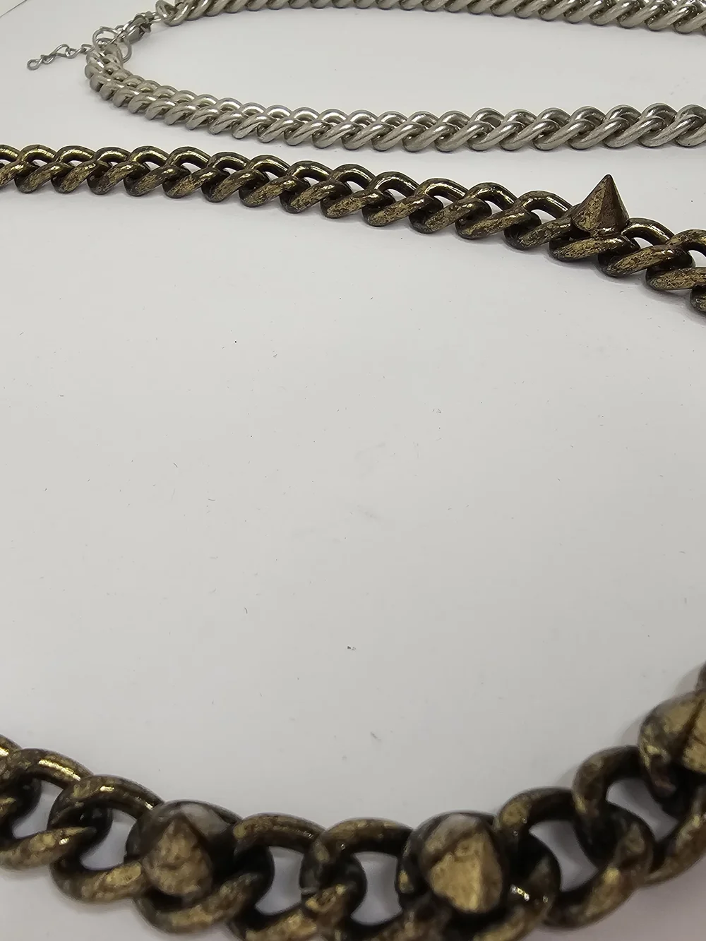 Set of 2 Chunky Curb Chain Necklaces Silver ID Bar & Bronze Punk Spike